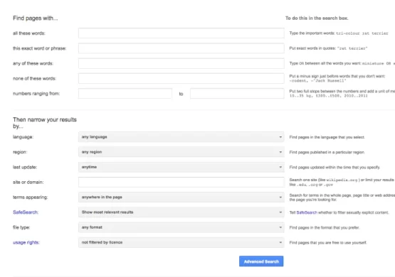 The Advanced Google Search page provides fields for narrowing a search