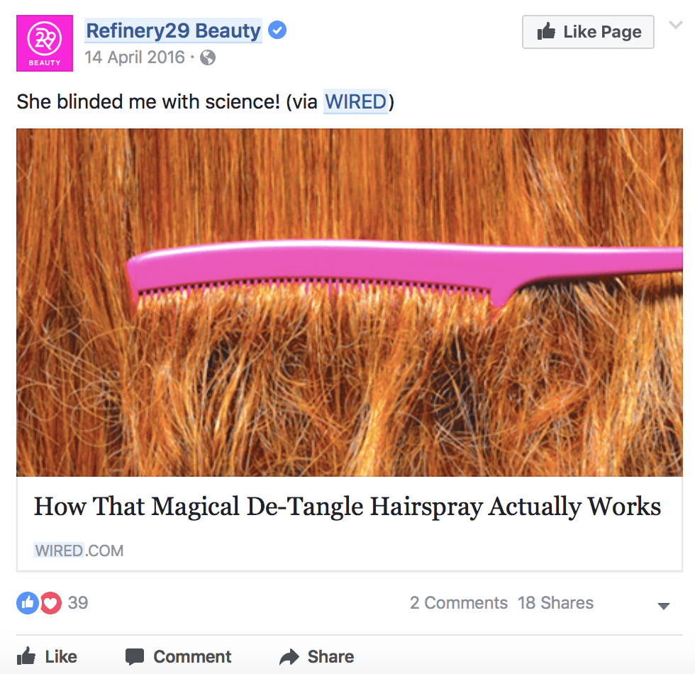 An example of organic Facebook cross promotion between Wired and Refinery29.