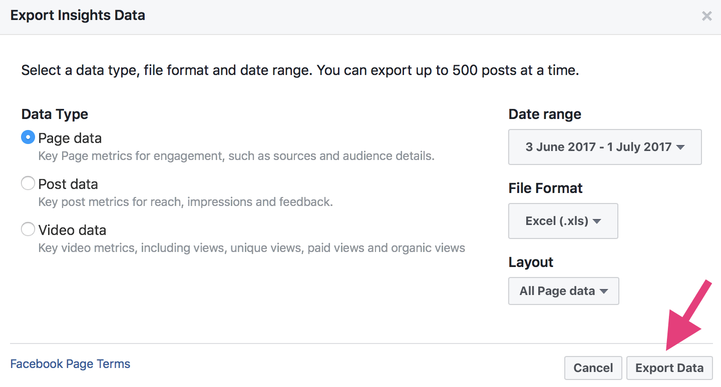 Different export insights data options for Facebook.