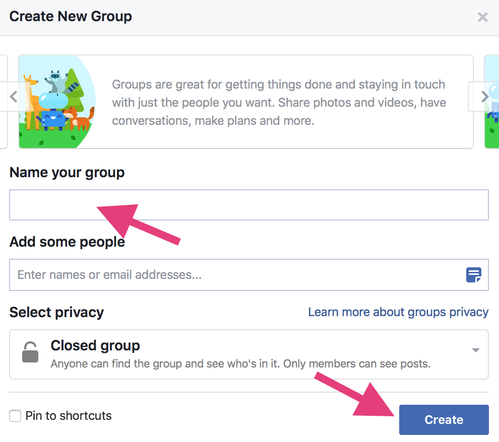 A Facebook page allowing you to create a group.
