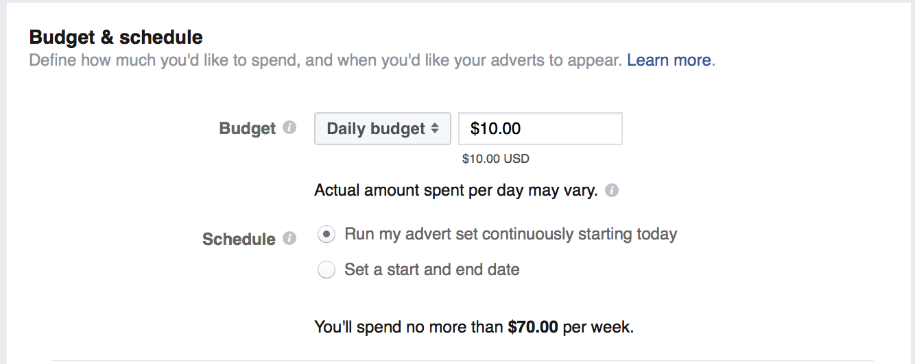 A screenshot setting ad location and budget.