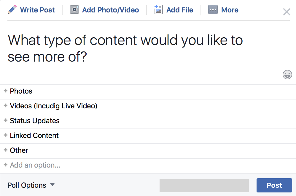 A screenshot of the poll creation function of Facebook.