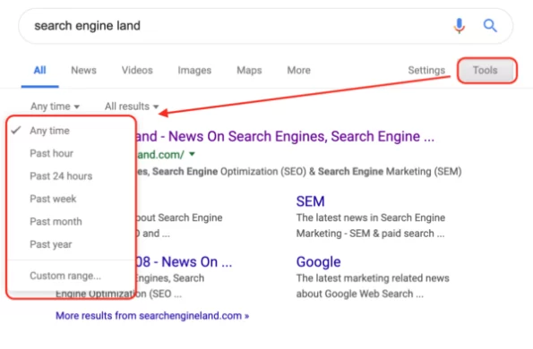 The Tools button in the top right of Google lets you restrict results by date, a great advanced Google search tip
