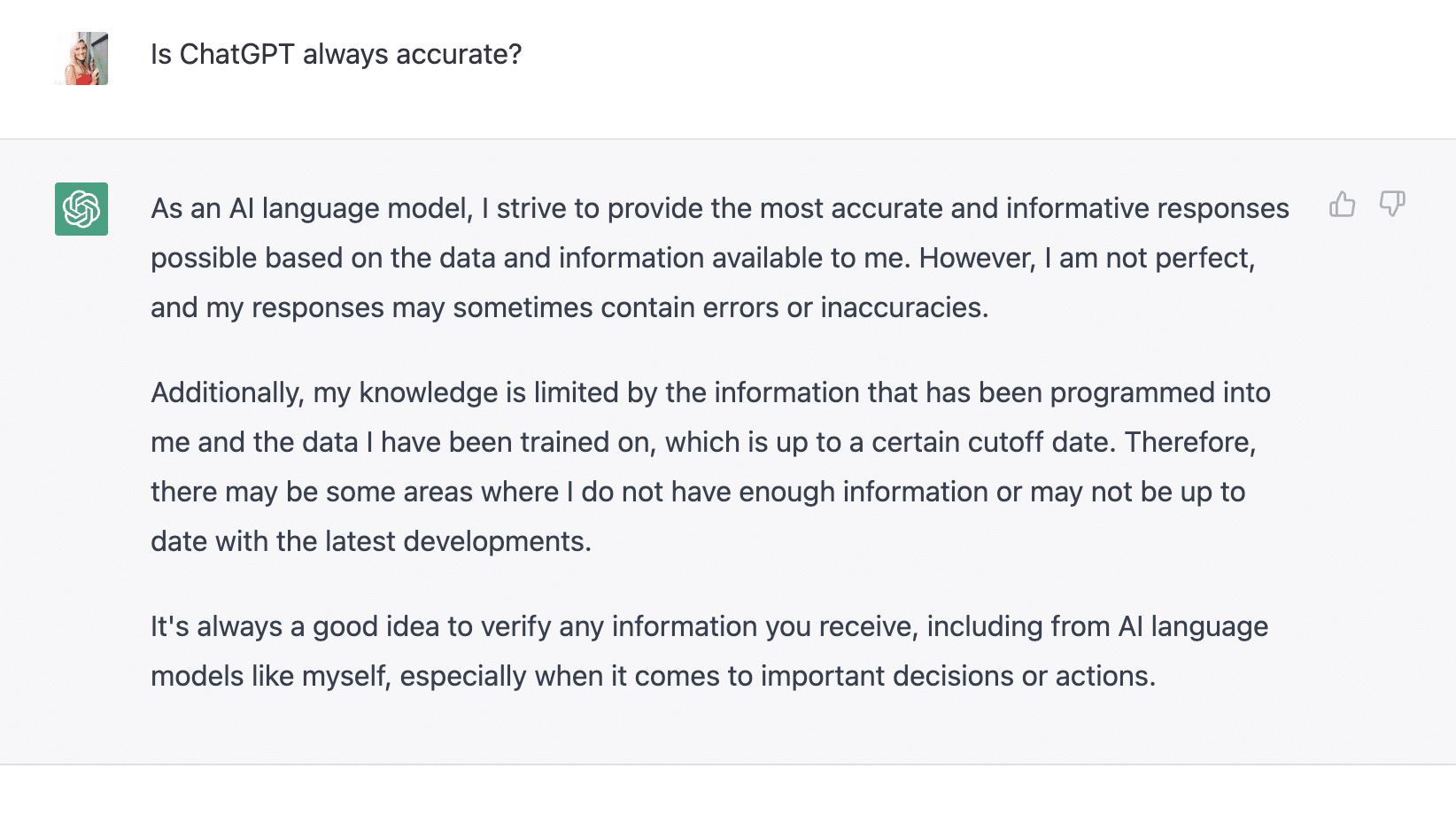 screenshot of ChatGPT shows details on accuracy of responses