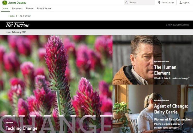 Screenshot of the digital version of The Furrow, John Deere’s century-old magazine offering farming tips and advice.