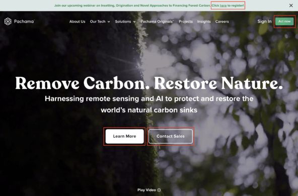 screenshot shows examples of Pachama’s website CTAs 