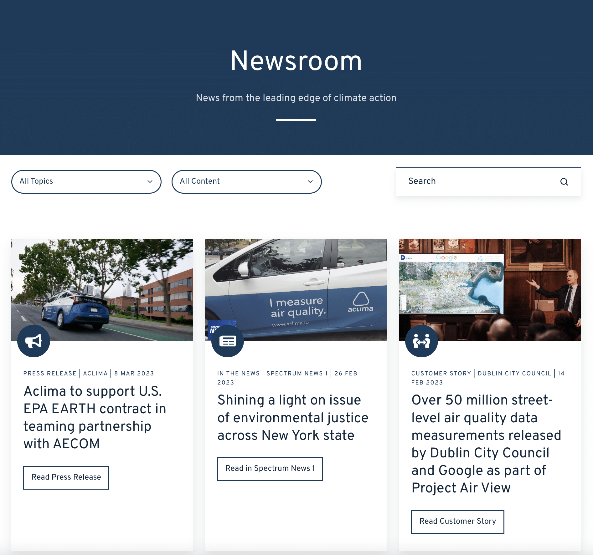 screenshot of Aclima’s newsroom web page demonstrates thought leadership
