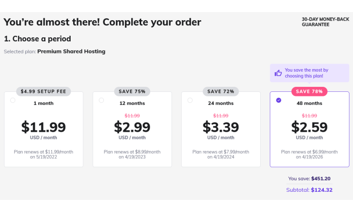 Hostinger checkout page select terms for Best Domain Registrar