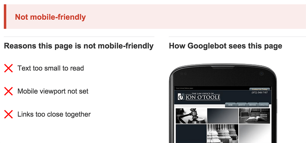 A result showing a site is not-mobile friendly from Google's tool.