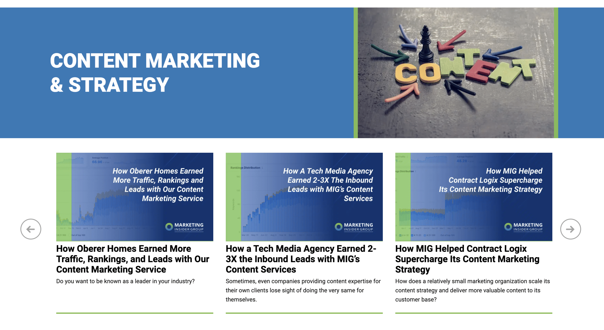 screenshot of examples of Marketing Insider Group’s case studies