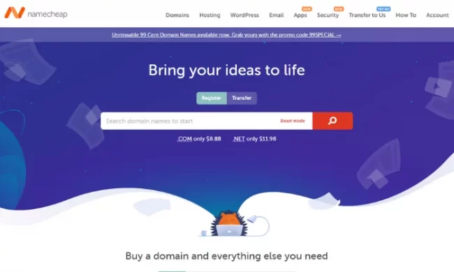 Namecheap main splash page for Best Domain Registrar