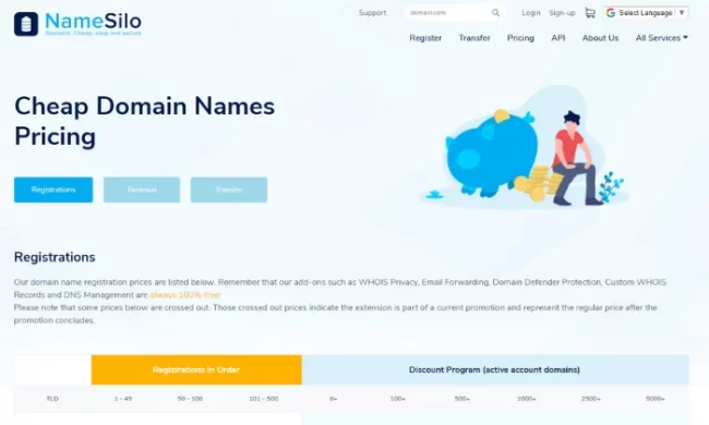 NameSilo main splash page for Best Domain Registrar