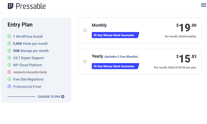 Pressable standard pricing page for Best WordPress Web Hosting