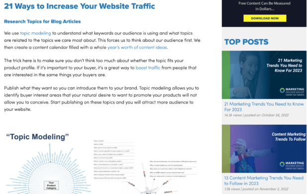 screenshot shows Marketing Insider Group’s two-column blog page optimized for conversion