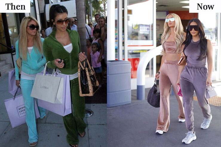 image of paris hilton and kim kardashian (as her assistant) wearing velour tracksuits in the early 2000s vs. and image of kim and khloe kardashian wearing velour tracksuits in 2023
